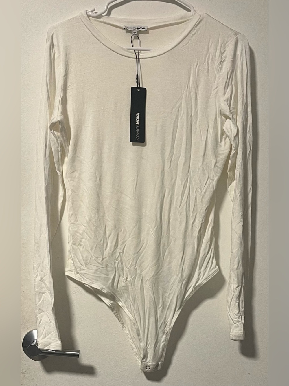 Fashion Nova Cream Long-Sleeve Scoop Neck Bodysuit